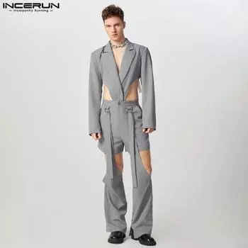 INCERUN Комплекты из двух предметов для мужчин, топы с длинными рукавами и вырезами, длинные брюки, регулируемые наряды 3XL