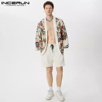INCERUN Комплекты из двух предметов, летние мужские кимоно, короткие брюки, наряд с принтом, домашняя одежда, костюмы