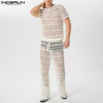 INCERUN, комплекты из двух предметов, мужские топы и брюки, прозрачные кружевные вязаные крючком наряды
