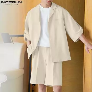 INCERUN, комплекты из двух предметов, мужские весенние рубашки с короткими рукавами, шорты с эластичной резинкой на талии, повседневные модные свободные костюмы S зелёный