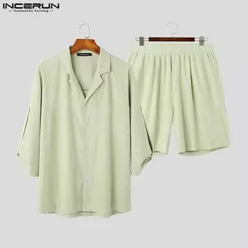 INCERUN комплекты из двух предметов мужские весенние рубашки с короткими рукавами шорты с эластичной резинкой на талии повседневные свободные костюмы S зелёный