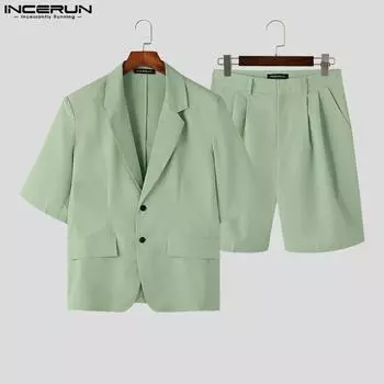 INCERUN комплекты из двух предметов, мужской легкий пиджак с короткими рукавами + шорты, однотонные повседневные/офисные костюмы