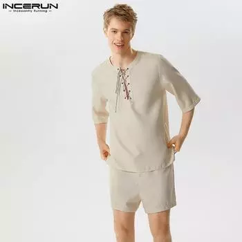INCERUN комплекты летние мужские 2 шт. топы с короткими рукавами шорты повседневные свободные костюмы