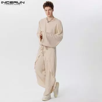INCERUN мужской костюм из двух частей, укороченные топы с расклешенными рукавами и брюки с оборками 4XL бежевый
