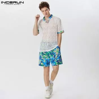 INCERUN костюм из двух частей для мужчин, топы с короткими рукавами и летние пляжные шорты с принтом 2XL ярко-розовый