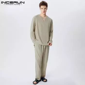 INCERUN костюм из двух частей для мужчин с длинным рукавом пижамный костюм домашняя одежда комплекты S белый