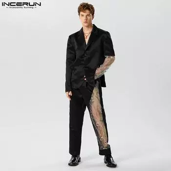 INCERUN костюм из двух предметов, мужские кружевные рубашки с вышивкой, длинные брюки XL темно-синий