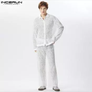 INCERUN костюм из двух предметов, мужские кружевные вязаные крючком прозрачные топы, брюки, костюмы из 2 предметов