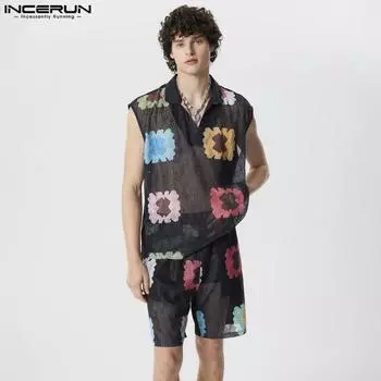 INCERUN Костюм из двух предметов, мужские кружевные майки без рукавов с цветочным принтом и шорты с эластичной резинкой на талии