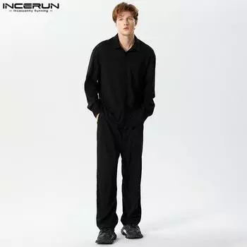 INCERUN костюм из двух предметов, мужские однотонные топы с длинными рукавами, брюки, комплекты одежды S чёрный
