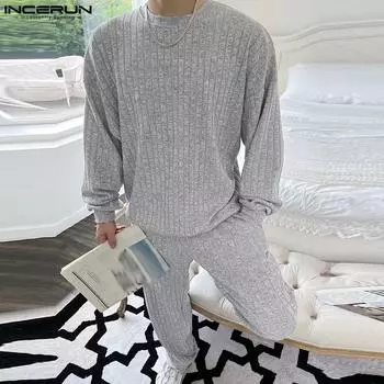 INCERUN костюм из двух предметов, мужские однотонные вязаные комплекты с длинными рукавами, домашняя одежда, наряды S чёрный