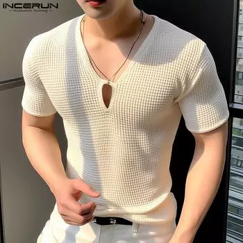 INCERUN костюм из двух предметов, мужские однотонные тонкие футболки с V-образным вырезом и короткими рукавами