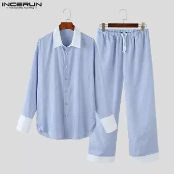 INCERUN костюм из двух предметов мужские рубашки в полоску с длинным рукавом брюки повседневные комплекты