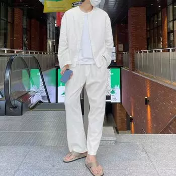 INCERUN костюм из двух предметов, мужские топы и брюки с круглым вырезом и длинными рукавами, китайский комплект
