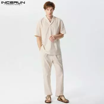 INCERUN костюм из двух предметов, мужские топы с короткими рукавами и лацканами, длинные брюки, однотонные комплекты