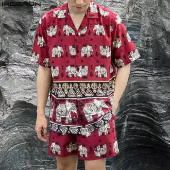 INCERUN костюм из двух предметов, мужские топы и шорты с короткими рукавами, комплекты пижам с принтом, домашняя одежда S чёрный