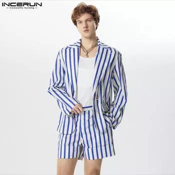 INCERUN костюм из двух предметов, мужской пиджак в полоску с длинными рукавами и шорты, комплекты