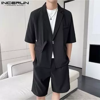 INCERUN костюм из двух предметов, мужской пиджак, шорты, повседневные брюки на молнии, наряды XL чёрный