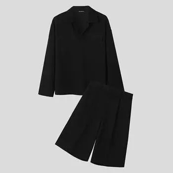 INCERUN Костюмы-двойки Мужские рубашки с длинным рукавом и свободные брюки-капри на молнии 4XL