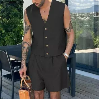 INCERUN Костюмы из двух частей для мужчин, безрукавка, жилет, шорты, повседневный комплект из коротких брюк на молнии S чёрный