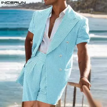 INCERUN Костюмы из двух частей для мужчин, топы с коротким рукавом и лацканами, повседневные комплекты в полоску 4XL фиолетовый