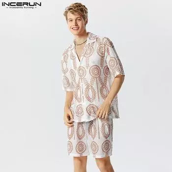 INCERUN кружевные мужские комплекты из 2 предметов, рубашки с короткими рукавами, шорты с эластичной резинкой на талии, домашняя одежда