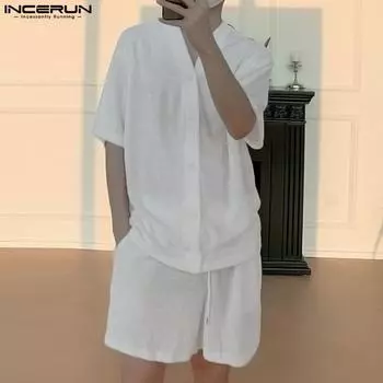 INCERUN летние белые мужские комплекты из 2 предметов, пиджак с короткими рукавами, топы, шорты, повседневная домашняя одежда, костюмы
