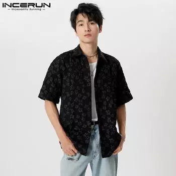 INCERUN Летние цветочные вязаные крючком топы мужские короткие рукава повседневные рубашки