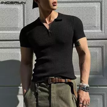 INCERUN летние футболки мужские с коротким рукавом на молнии с лацканами, однотонные топы S чёрный