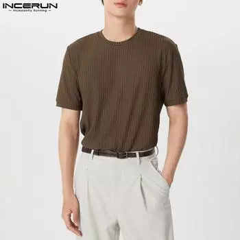 INCERUN Летние футболки мужские с круглым вырезом и коротким рукавом повседневные облегающие футболки S чёрный