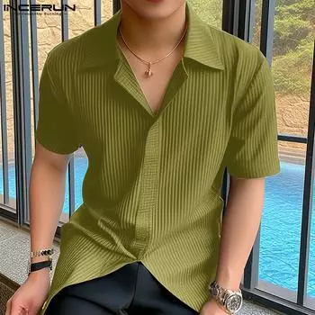 INCERUN Летние футболки мужские с отложным воротником и короткими рукавами в полоску S зелёный