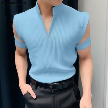 INCERUN Летние футболки мужские с воротником-стойкой, V-образным вырезом, открытыми плечами, повседневные топы в рубчик XL белый