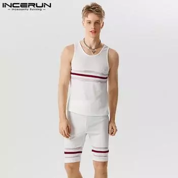 INCERUN летние комплекты из 2 предметов, мужские топы без рукавов, шорты с эластичной резинкой на талии, цветные костюмы