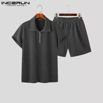INCERUN летние комплекты из 2 предметов поло с короткими рукавами, топы, шорты с эластичной резинкой на талии, домашняя одежда, повседневные костюмы