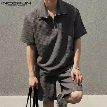INCERUN летние комплекты из 2 предметов поло с короткими рукавами, топы, шорты с эластичной резинкой на талии, домашняя одежда, повседневные костюмы