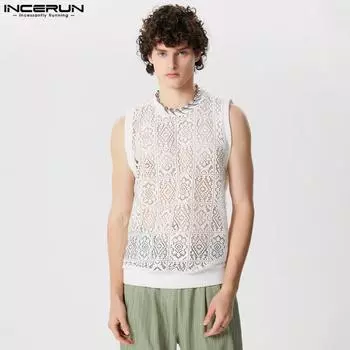 INCERUN Летние кружевные майки для мужчин, вязанные крючком, ажурная прозрачная футболка, пляжный жилет 3XL чёрный