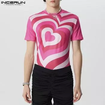 INCERUN Летние мужские топы с круглым вырезом и коротким рукавом с принтом, эластичные, тонкие 2XL розовый