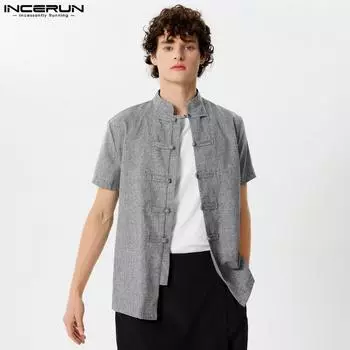 INCERUN летние мужские этнические винтажные топы с короткими рукавами и воротником-стойкой, футболки 3XL серый