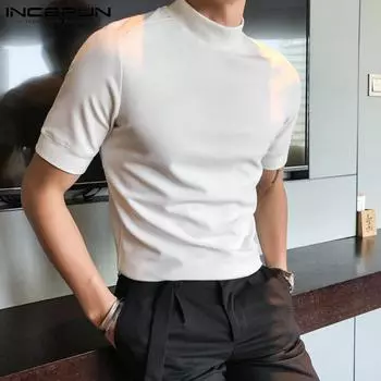 INCERUN Летние мужские базовые футболки с короткими рукавами Slim Fit Топы