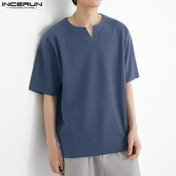 INCERUN Летние мужские базовые однотонные топы с короткими рукавами Повседневная свободная блузка больших размеров