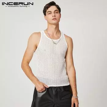 INCERUN Летние мужские белые топы из сетчатой пряжи без рукавов с вырезами