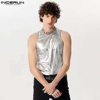 INCERUN Летние мужские блестящие вечерние майки без рукавов S розовый