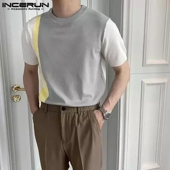 INCERUN Летние мужские цветные топы с короткими рукавами M белый