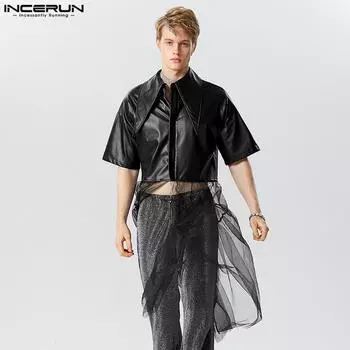 INCERUN летние мужские длинные топы из искусственной кожи с сращиванием в сетку, черные вечерние длинные топы