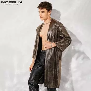 INCERUN летние мужские длинные топы с длинными рукавами сплошной цвет повседневные свободные макси блузки пальто плюс размер