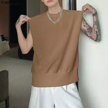 INCERUN летние мужские футболки без рукавов однотонный жилет повседневные свободные майки плюс размер