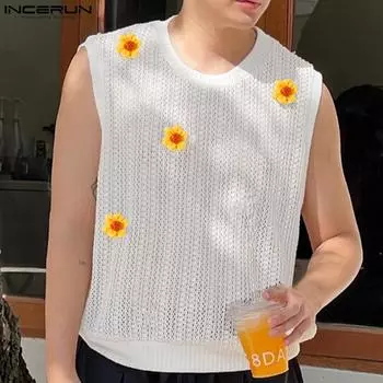 INCERUN летние мужские футболки без рукавов с цветочным принтом и круглым вырезом, вязаные жилеты, топы