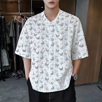 INCERUN Летние мужские футболки без воротника с коротким рукавом и принтом кисточек, повседневные свободные винтажные топы S белый