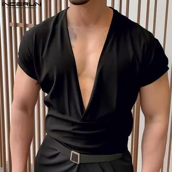 INCERUN Летние мужские футболки с глубоким V-образным вырезом, однотонные топы в рубчик с вафлями XL чёрный