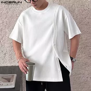 INCERUN Летние мужские футболки с коротким рукавом и круглым вырезом, боковые кнопки, разрезы, топы M чёрный